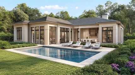 A luxurious modern house with a swimming pool in a backyard