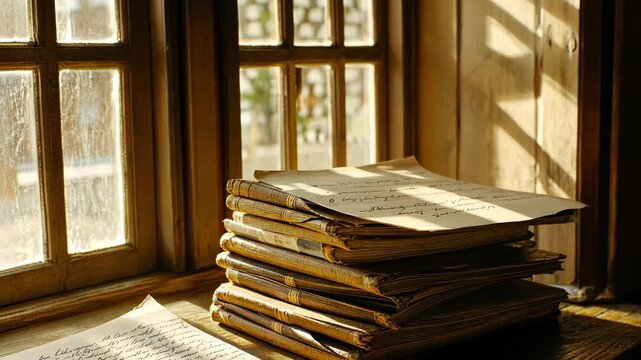 Stack of vintage notebooks resting on a wooden surface near a sunlit window in a cozy room