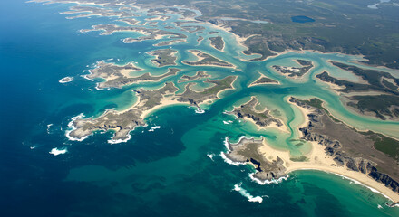 Aerial View of Turquoise Ocean Water Flowing Through Coastal Islands