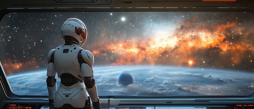 Robot views nebula from spaceship