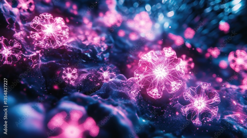 Poster glowing structures resembling flowers float in a cosmic environment