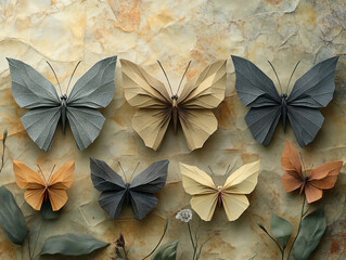 intricately folded origami butterflies with pastel-colored wings, displayed against a textured, geometric background. The butterflies have a delicate, almost ethereal appearance, blending seamlessly 