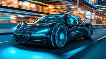 Obraz premium Futuristic electric car speeding through a city at night, showcasing its advanced technology.