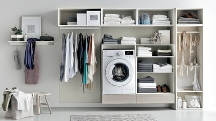 A modern laundry room showcasing organization and functionality with storage
