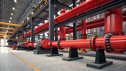 Naklejka premium A vibrant industrial facility with RED pipelines, Black supports, and metallic textures. High-tech, detailed, and dynamic factory setting for industrial projects