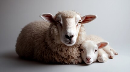 Naklejka premium Affectionate bond between ewe and lamb in a comforting embrace studio setting