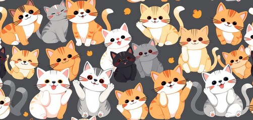 Adorable cartoon cats in playful poses form a repeating seamless pattern, brown, design
