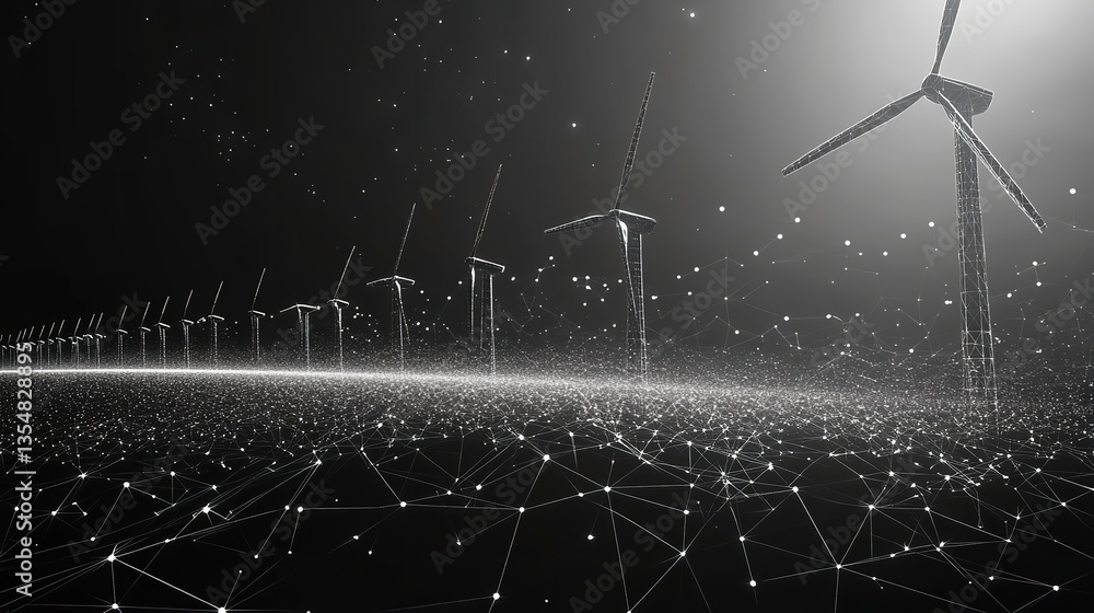 Poster wind turbines in a row with digital network connections in monochrome futuristic landscape view