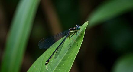 Fototapeta premium Damselfly Resting on Leaf in Lush Green Natural Environment