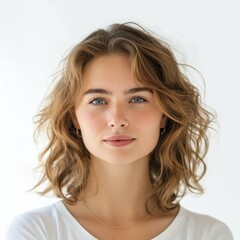 Naklejka premium Portrait of a young woman with curly brown hair and blue eyes, exuding a calm and natural beauty against a minimalist backdrop.