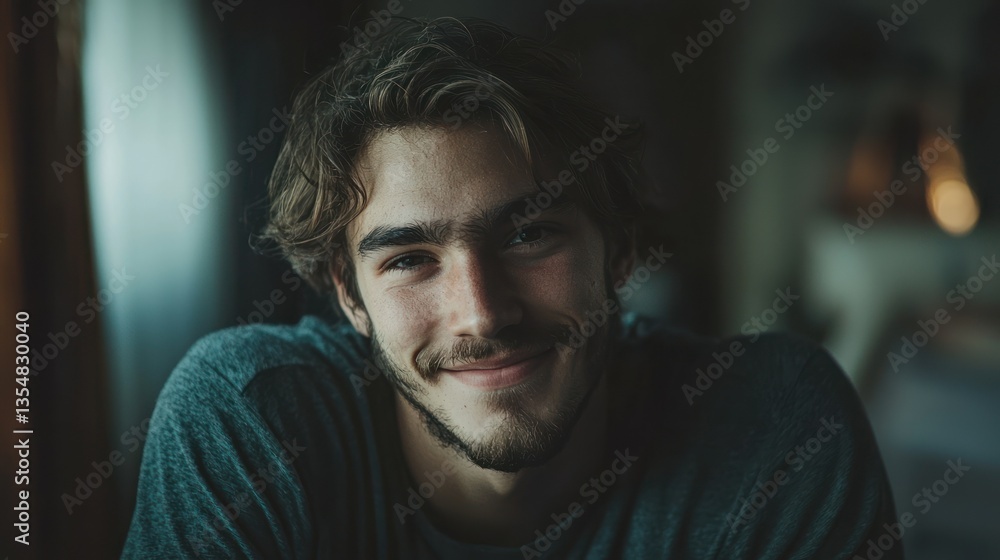 Poster a portrait of an individual with an enigmatic smile, set in a softly lit environment that hints at m