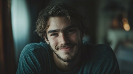 Obraz premium A portrait of an individual with an enigmatic smile, set in a softly lit environment that hints at mystery and hidden depths within their story.