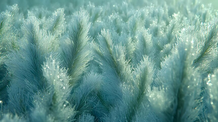 Frozen grass in close-up, icy crystals on blades