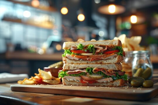 Savor the taste of a classic club sandwich featuring turkey, bacon, and crisp lettuce in a bustling deli atmosphere