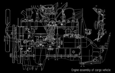 Engine assembly of cargo vehicle.
Engineering mechanical drawing of automotive
device. Industrial cad scheme on paper sheet. 
Technology design of machine building industry. 
Machined template.