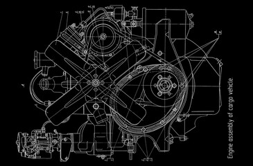Engine assembly of cargo vehicle.
Engineering mechanical drawing of automotive
device. Industrial cad scheme on paper sheet. 
Technology design of machine building industry. 
Machined template.