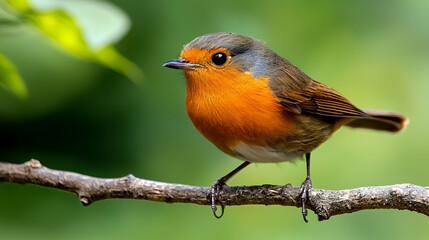 Fototapeta premium European Robin Perched on a Branch with a Vibrant Orange Breast Against Blurred Green