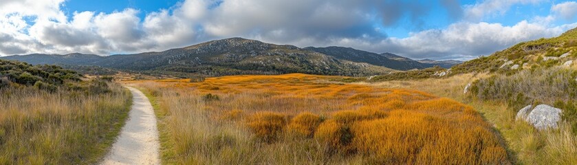 A paved pathway through a vibrant natural landscape with mountains