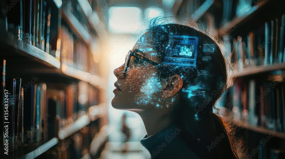 Poster a reflective image of a person immersed in thought while browsing in a quiet library, the soft light