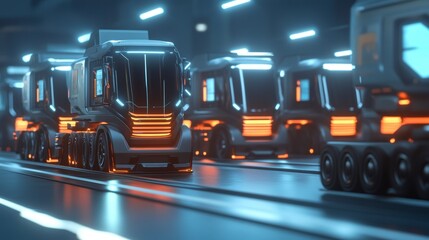Futuristic self-driving trucks in a modern warehouse.