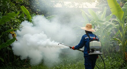 Man fogging insecticide with machine in garden spraying pesticide for mosquitoes