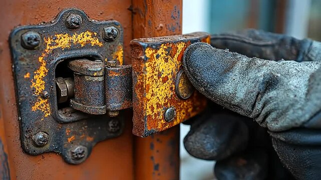 Close-up of a gloved hand operating a rusty latch on an old metal gate, showcasing wear and age