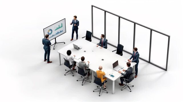 Isometric view of a business scene giving a presentation　プレゼンテーションを行ってるビジネスシーンのアイソメトリックビュー
