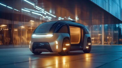 Futuristic self-driving vehicle parked on city street at night.