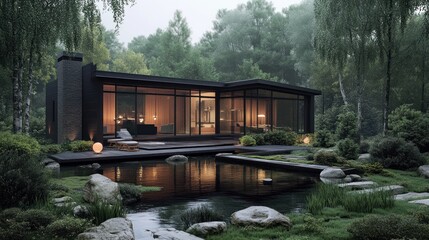 Modern home with pond and forest during early evening