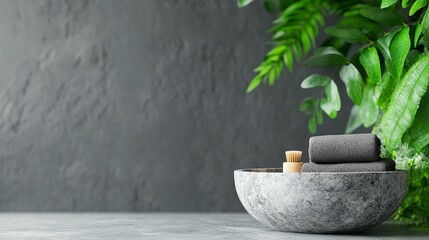 Spa setting with grey stone bowl, rolled towels, cork, and lush green foliage against a dark grey textured background.