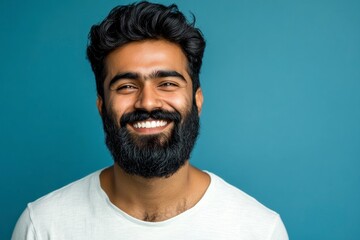 Smiling Man Portrait with Beard Against Blue Background for Lifestyle Use