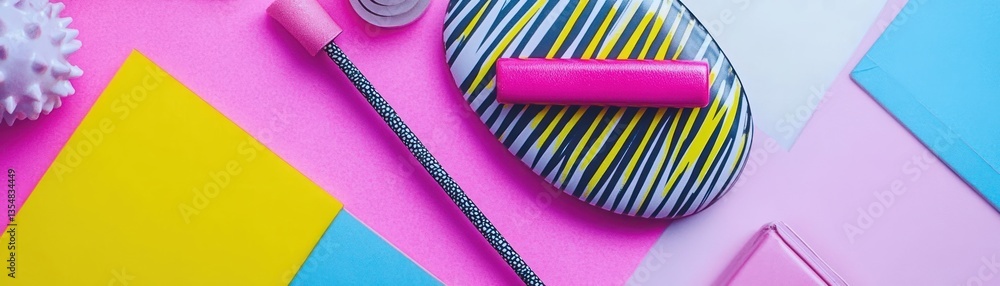 Poster various colorful objects arranged creatively on a pink surface