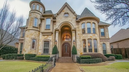 Obraz premium A beautiful and grand house with a large stone exterior