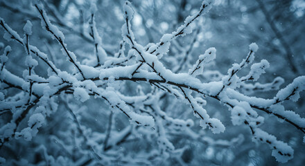 Snow Covered Tree Branch During Winter Season Close Up View