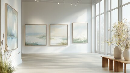 Fototapeta premium A serene gallery environment featuring a collection of delicate watercolor paintings, bathed in warm natural lighting and soft textures.