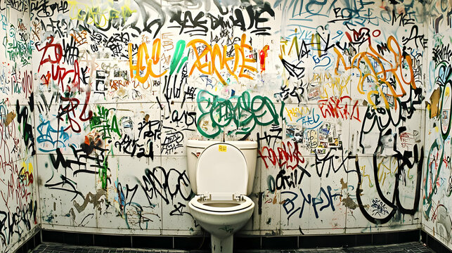 Graffiti-covered restroom walls