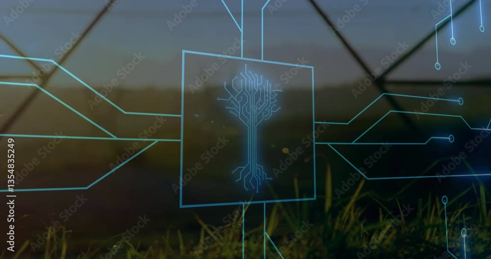 Poster overlaying outdoor landscape, digital tree circuit design with grass and structures