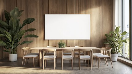 Modern Conference Room with Minimalist Design Featuring Wooden Walls, Large Windows, Green Plants, and Spacious Table Ideal for Team Meetings or Creative Brainstorming Sessions