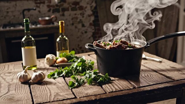 Aromatic garlic and herb dish simmering in rustic kitchen setting with rising steam. 4k stock footage