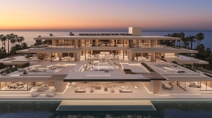Fototapeta premium Luxurious modern mansion overlooking the ocean at twilight scenery