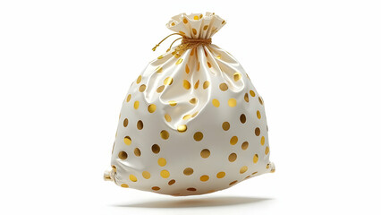 Luxurious Crumpled Nylon Bag with Shimmering Metallic Gold Polka Dots Suspended in Mid-Air on White