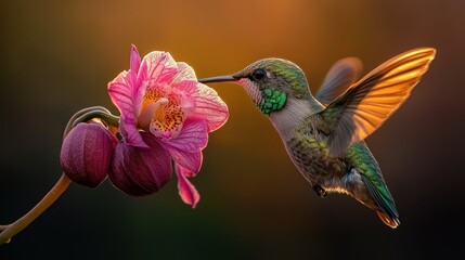 Obraz premium Hummingbird feeding on orchid flower at sunset