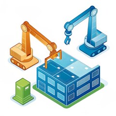 A digital illustration of robotic arms operating on a construction site, showcasing automation in industrial processes.