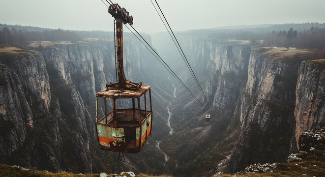 Old Cable Car Above Dramatic Canyon with Foggy Moody Atmosphere