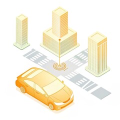 A stylized illustration of a car at an intersection surrounded by tall buildings, emphasizing urban transportation and navigation.