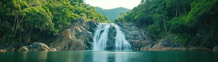 Fototapeta premium Cascading water flowing down rocky cliffs into a calm green lake