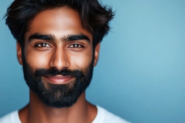 Obraz premium Portrait of Smiling Man with Beard Against Light Blue Background
