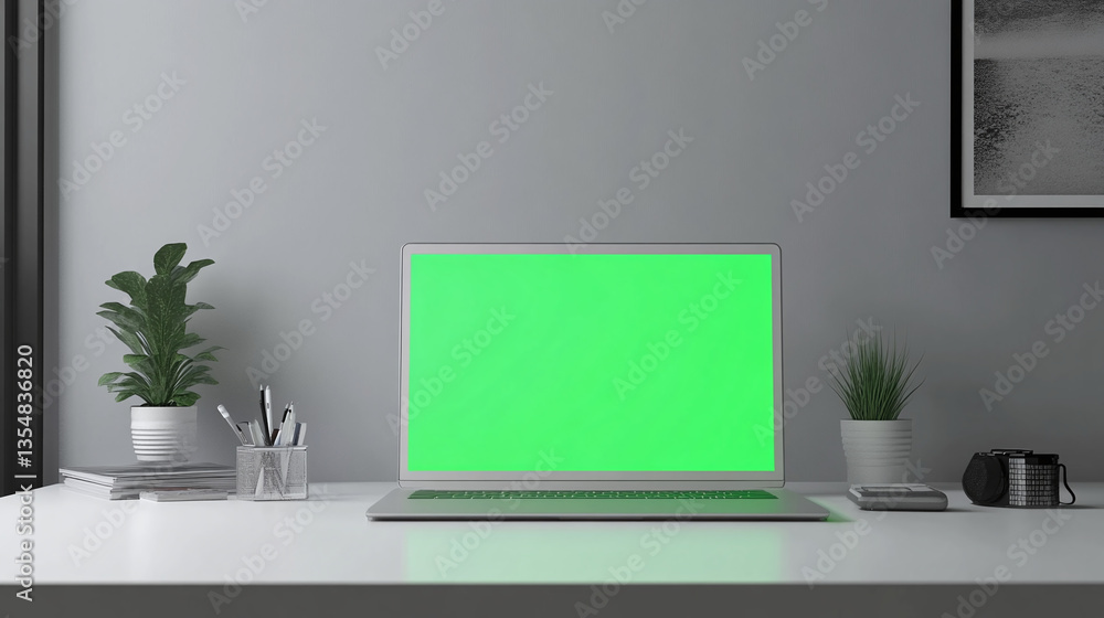 Fototapete Laptop with green screen chroma key monitor in a modern office, working from home concept in white clean atmosphere, 3d realistic render with soft white lighting a computer in real atmosphere