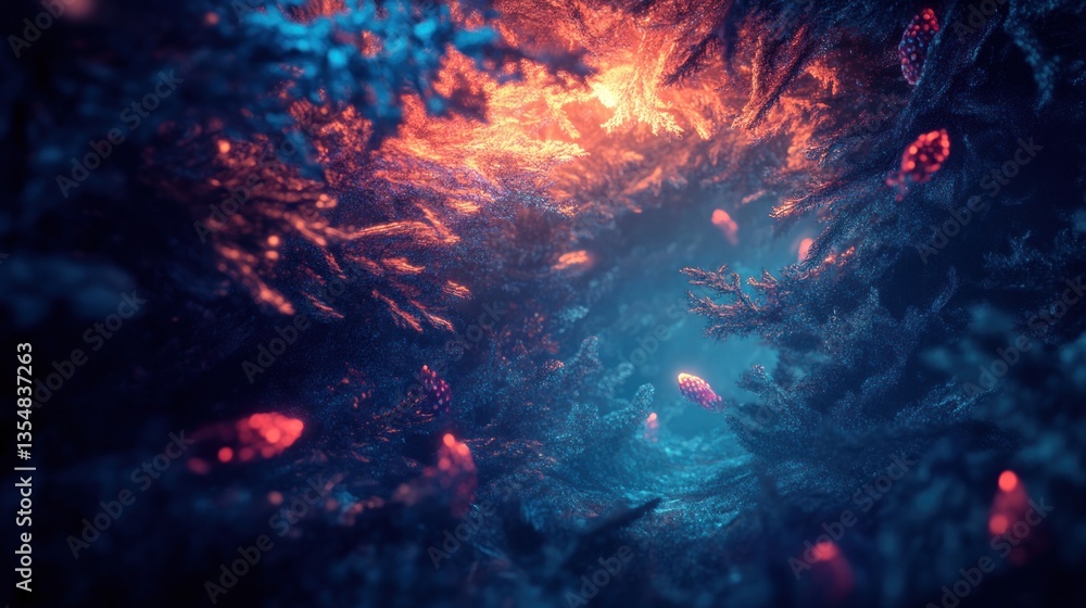 Poster mysterious forest scene featuring colorful lighting and blurred objects