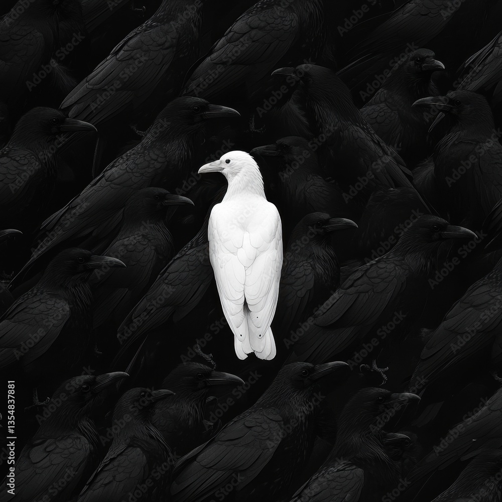 Poster black crows surround a standout white crow highlighting contrast in feathers and shadows generative 